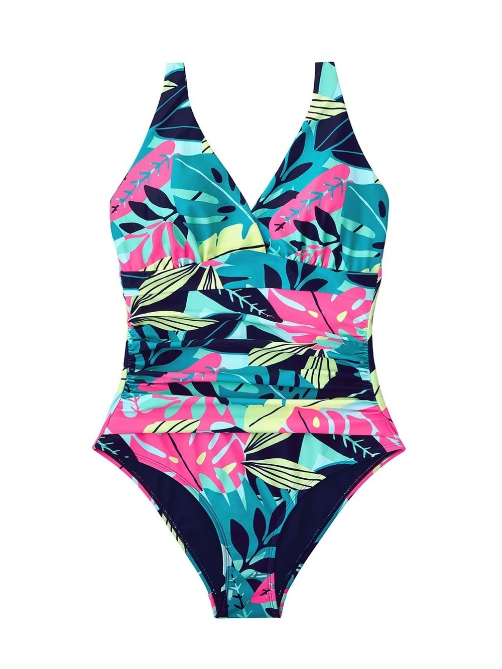 Women's Tropical Leaf Peplum One-Piece Swimsuit - Navy, Teal & Pink